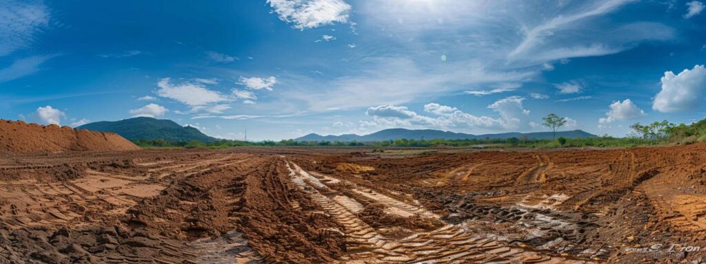 a panoramic view of a vast, freshly cleared land, showcasing rich, brown soil under a vibrant blue sky, symbolizing the promise of effective marketing strategies in land clearing success.