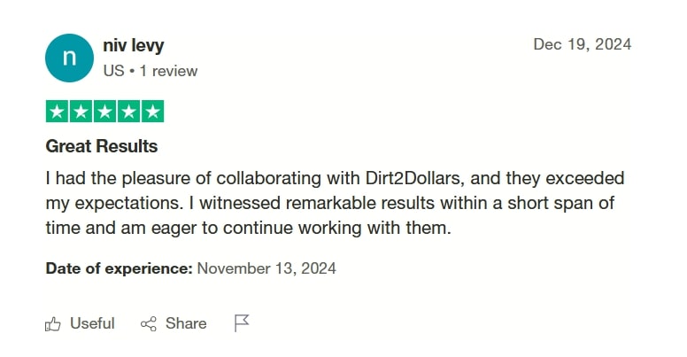 Dirt2Dollars review by Niv Levy on Trustpilot.