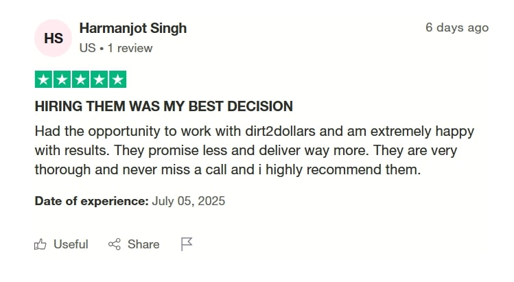 Dirt2Dollars Real Review given by Harmanjot Singh on Trustpilot.