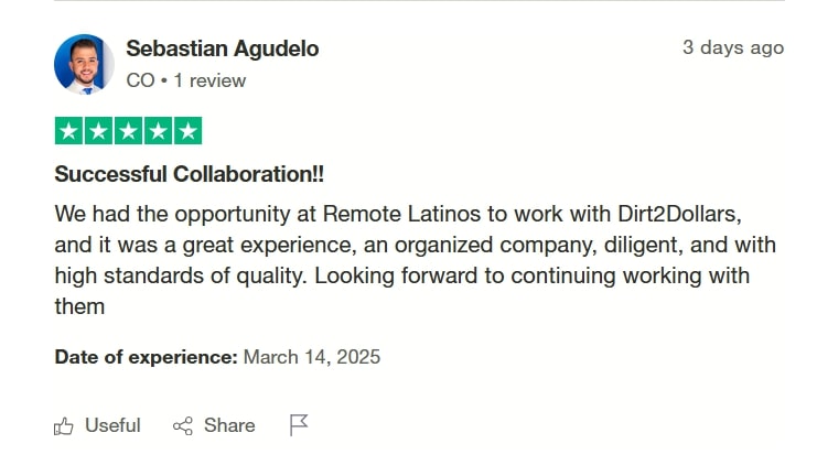 Dirt2Dollars real review given by Sebastian Agudelo on Trustpilot.